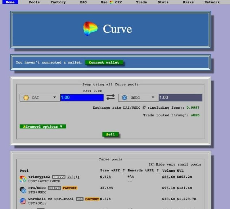 screenshot of the curve finance homepage