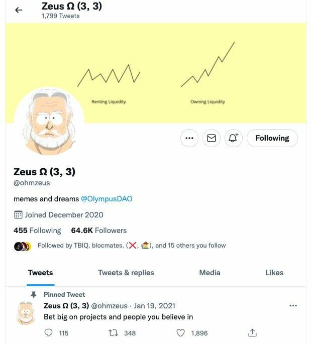 Screenshot from Olympus DAO's founder's twitter account showing the (3,3) meme in use.