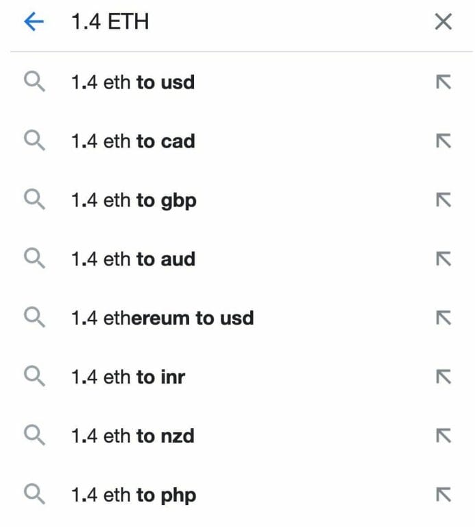 screenshot of searches for ETH conversion on Google