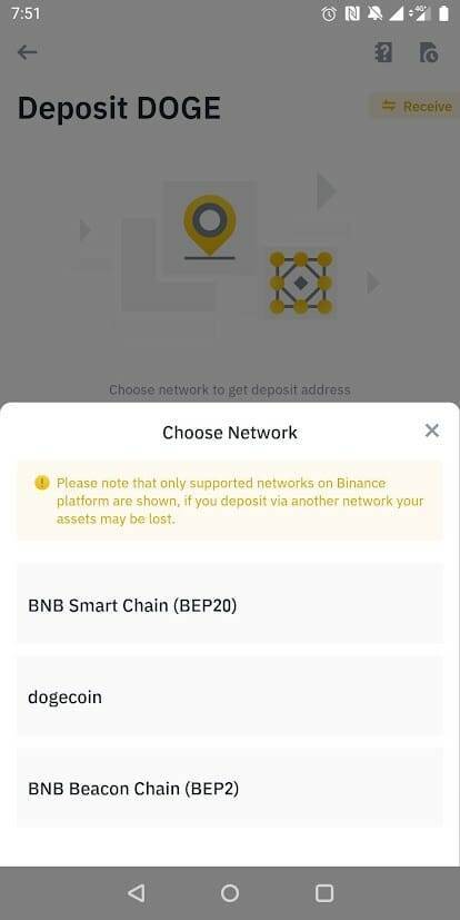 select dogecoin network on Binance